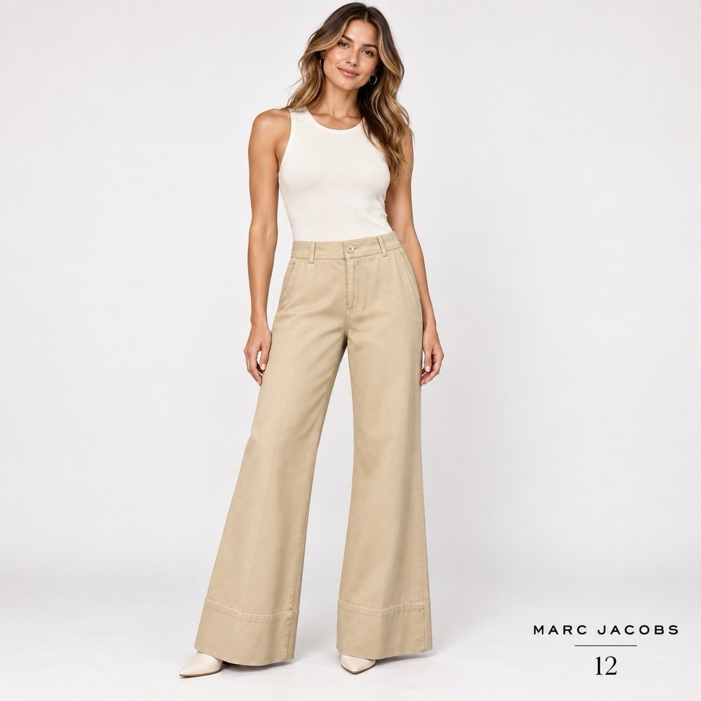 Marc Jacobs Vintage Women's Sz 12 Beige High Rise Wide Leg Pants Deep Hem Panel